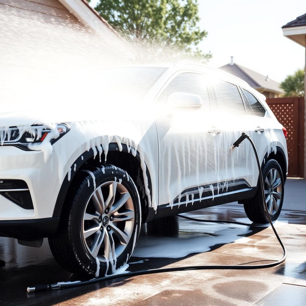 Detailer washing exterior of vehicle