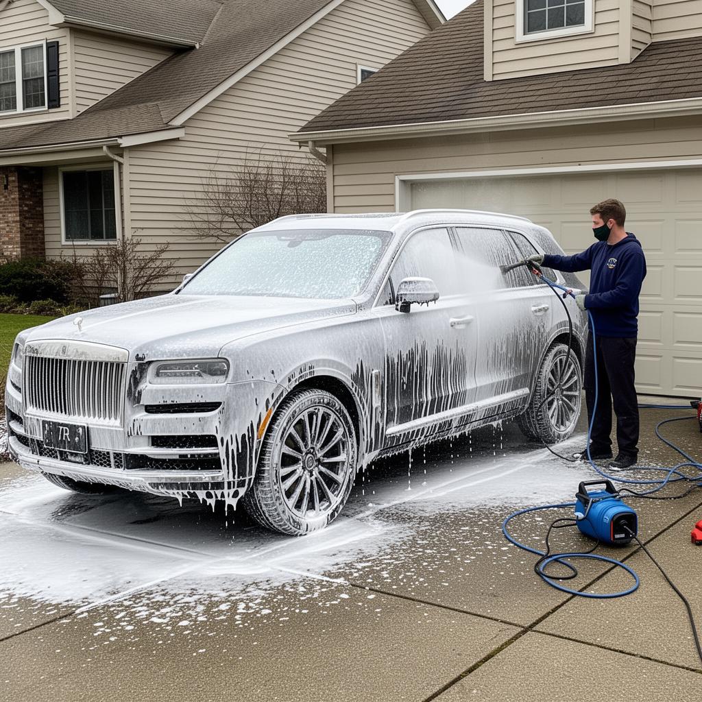 SUV covered in foam during mobile wash