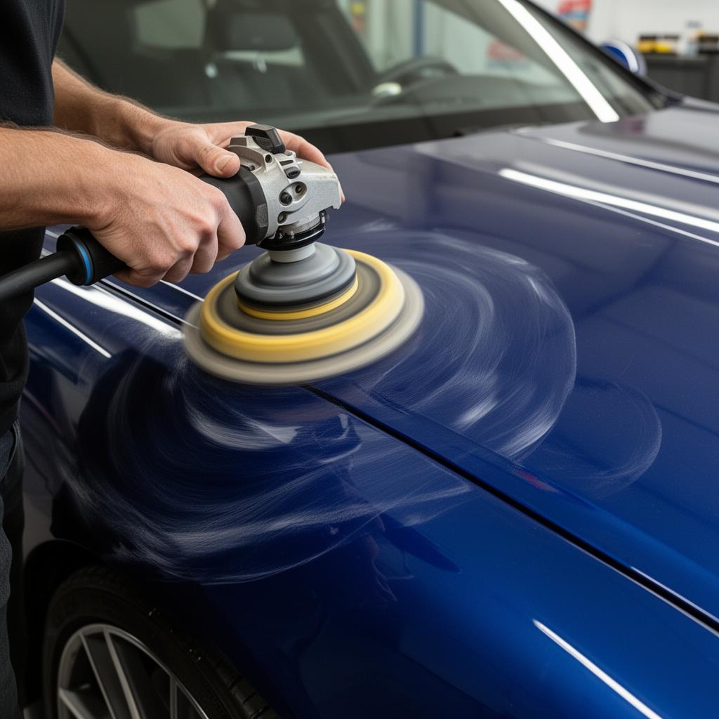 Dual action polisher correcting paint on blue car